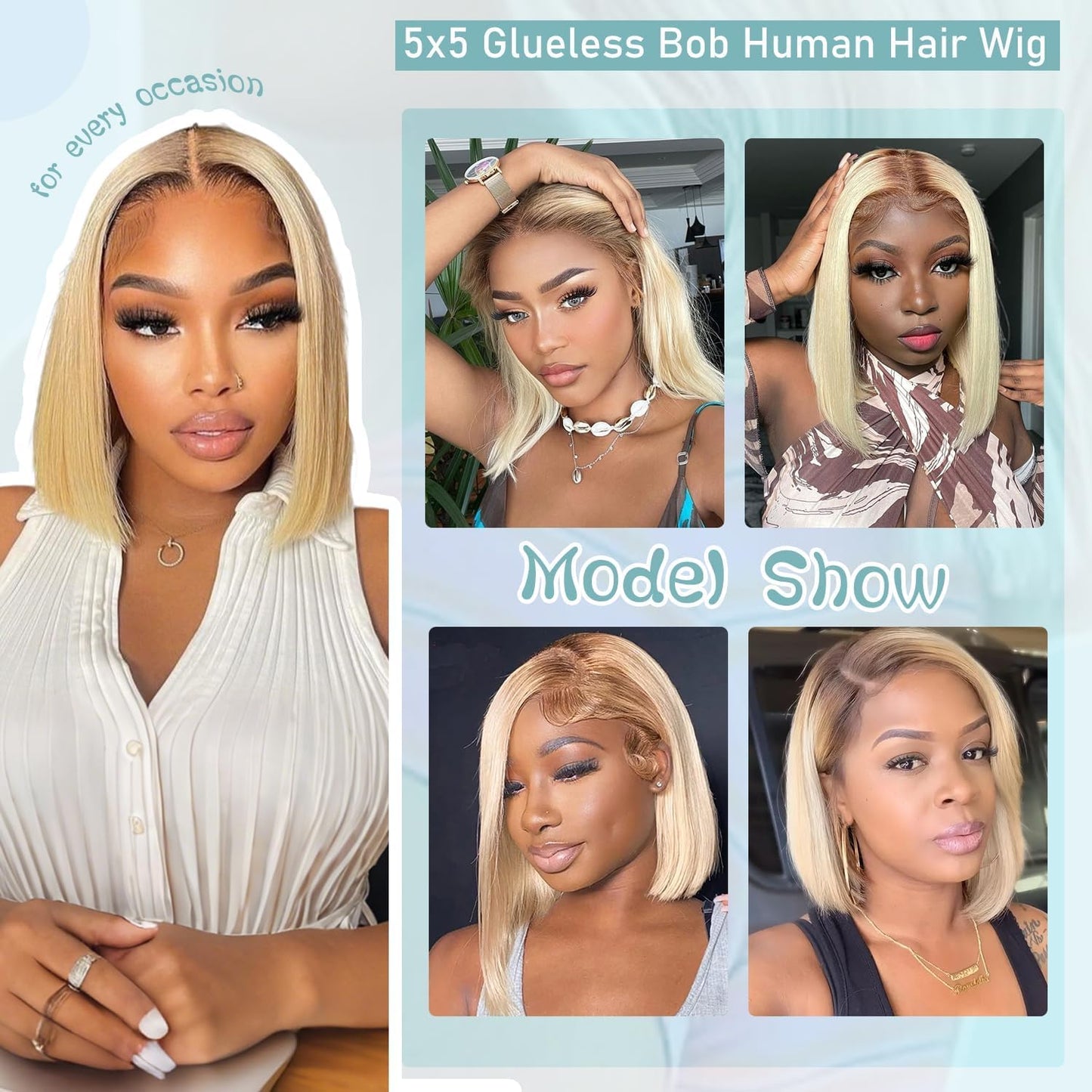 5X5 Wear and Go Blonde Wig Human Hair 2.0-613 Upgraded Brown Roots 200% Density Ombre 2 Tone Blonde Wig for Women UHD Pre-Cut Lace Bob Wigs No Mix Fiber Brazilian Virgin Hair 10 Inch
