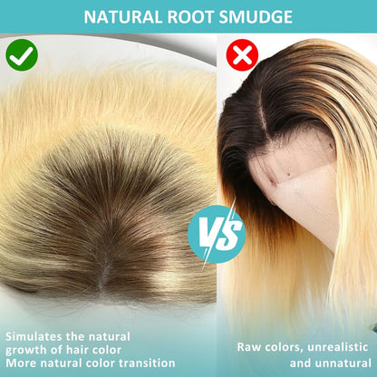 5X5 Wear and Go Blonde Wig Human Hair 2.0-613 Upgraded Brown Roots 200% Density Ombre 2 Tone Blonde Wig for Women UHD Pre-Cut Lace Bob Wigs No Mix Fiber Brazilian Virgin Hair 10 Inch