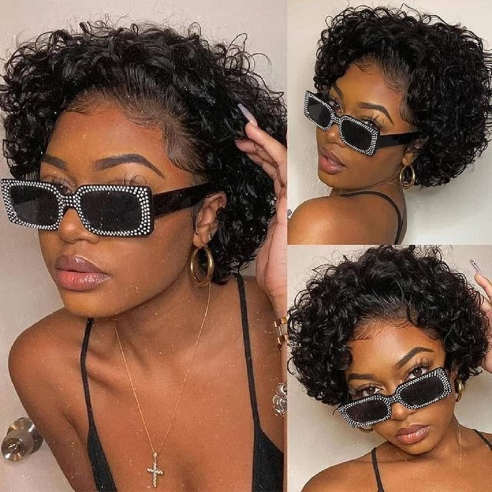Brazilian Virgin Hair Short Bob Curly Wave Human Hair Lace Front Wigs with Baby Hair Full Lace Wigs Natural Color for Black Women  10Inch 130% Density Lace Front Wig