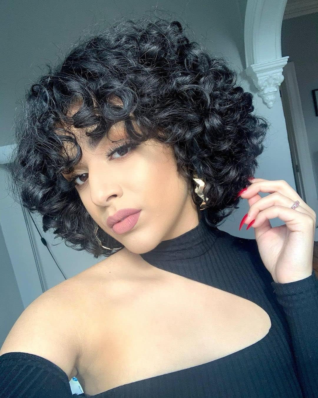 Brazilian Virgin Hair Short Bob Curly Wave Human Hair Lace Front Wigs with Baby Hair Full Lace Wigs Natural Color for Black Women  10Inch 130% Density Lace Front Wig