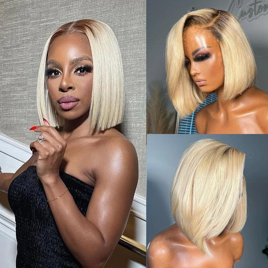 5X5 Wear and Go Blonde Wig Human Hair 2.0-613 Upgraded Brown Roots 200% Density Ombre 2 Tone Blonde Wig for Women UHD Pre-Cut Lace Bob Wigs No Mix Fiber Brazilian Virgin Hair 10 Inch