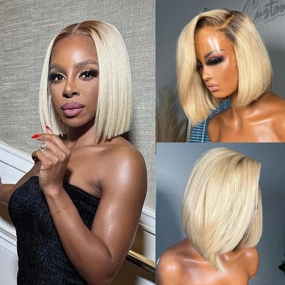 5X5 Wear and Go Blonde Wig Human Hair 2.0-613 Upgraded Brown Roots 200% Density Ombre 2 Tone Blonde Wig for Women UHD Pre-Cut Lace Bob Wigs No Mix Fiber Brazilian Virgin Hair 10 Inch