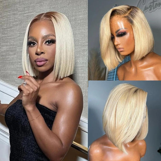 5X5 Wear and Go Blonde Wig Human Hair 2.0-613 Upgraded Brown Roots 200% Density Ombre 2 Tone Blonde Wig for Women UHD Pre-Cut Lace Bob Wigs No Mix Fiber Brazilian Virgin Hair 10 Inch