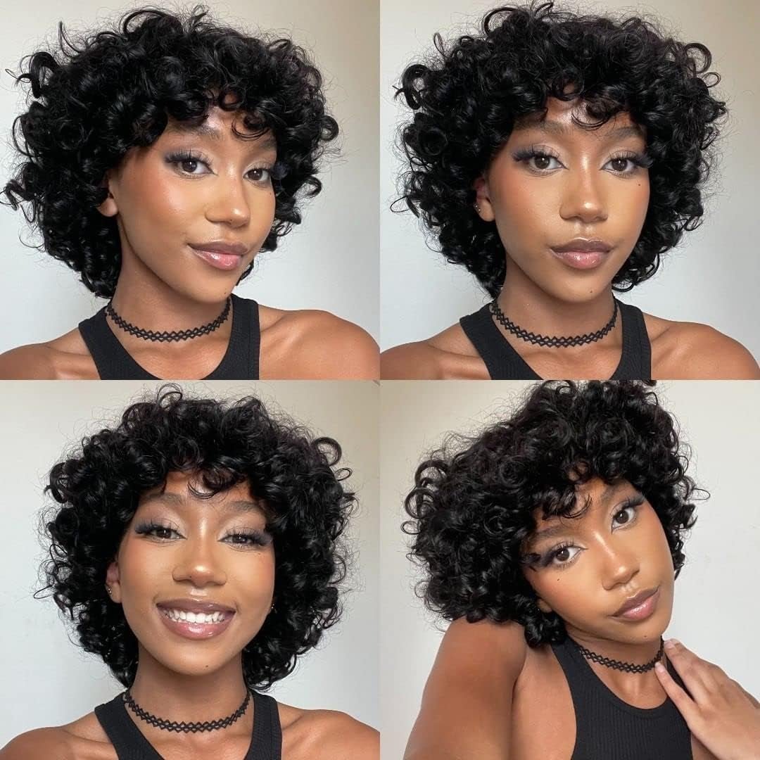 Brazilian Virgin Hair Short Bob Curly Wave Human Hair Lace Front Wigs with Baby Hair Full Lace Wigs Natural Color for Black Women  10Inch 130% Density Lace Front Wig