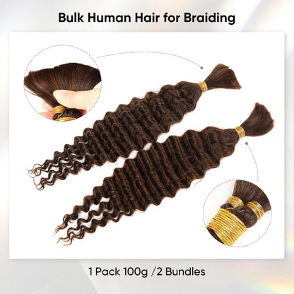 Human Braiding Hair 14Inch 100G Chocolate Brown Deep Wave Bulk No Weft Bohemian for 100% Brazilian Virgin Curly Extensions Boho Braids (#4)