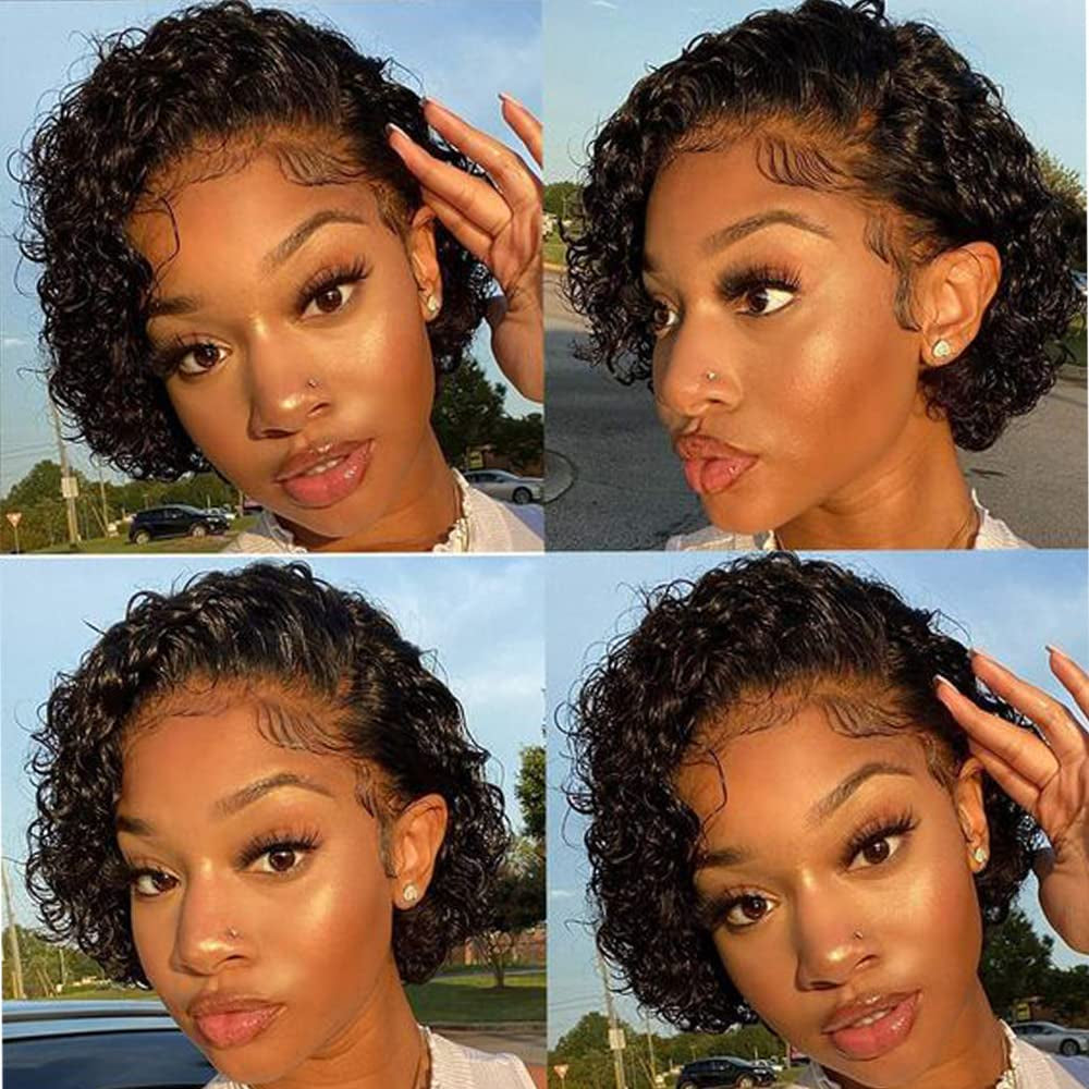 Brazilian Virgin Hair Short Bob Curly Wave Human Hair Lace Front Wigs with Baby Hair Full Lace Wigs Natural Color for Black Women  10Inch 130% Density Lace Front Wig